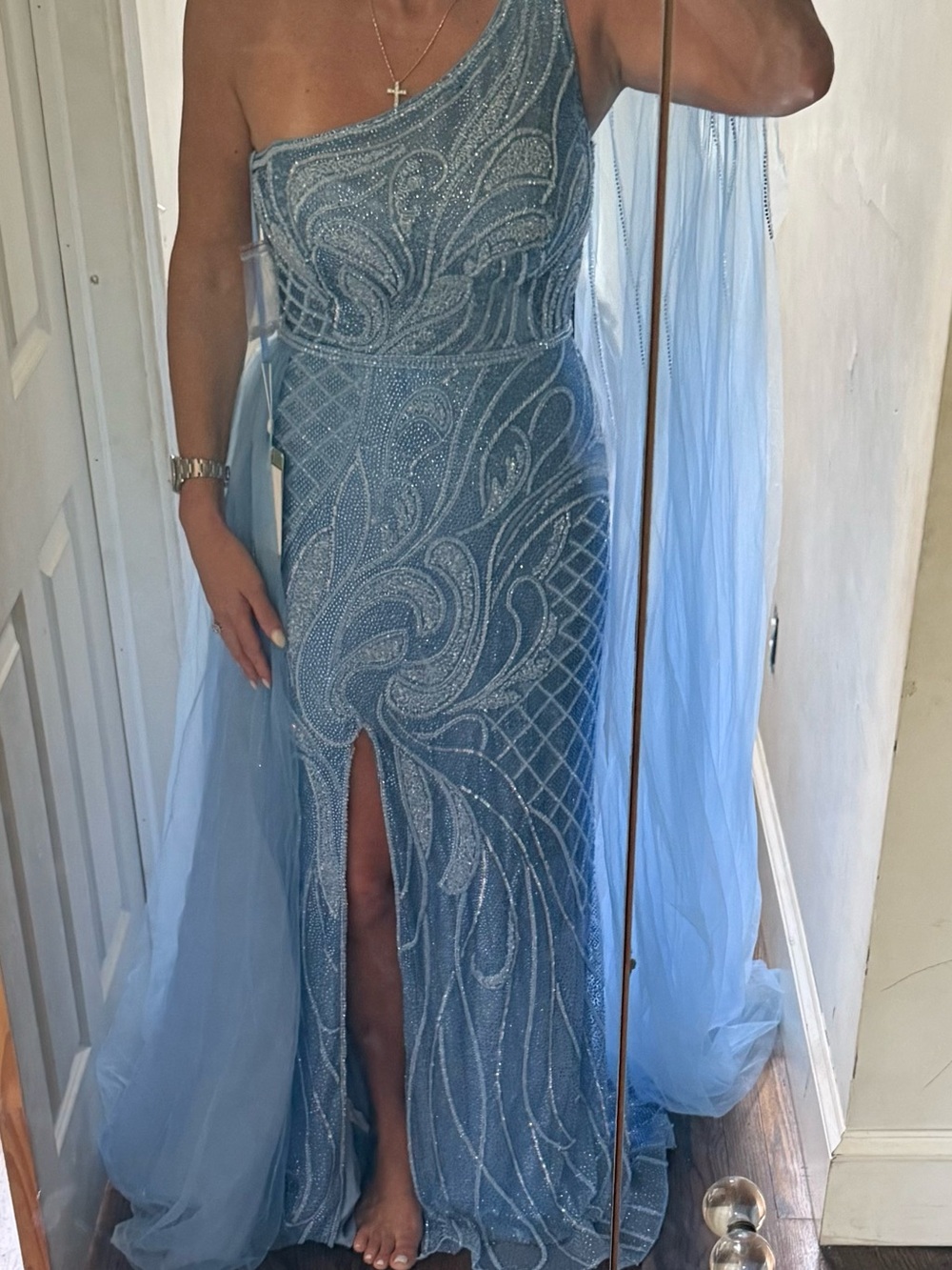 One-Shoulder Beaded sky Blue Evening Gown with Tulle Cape